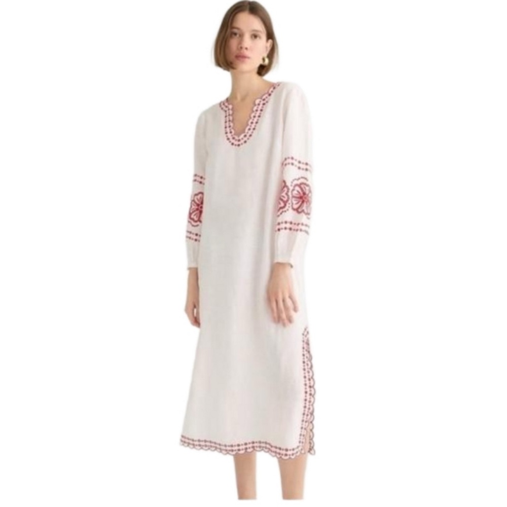 J. Crew White and Red Resort Dress with Bishop Sleeves